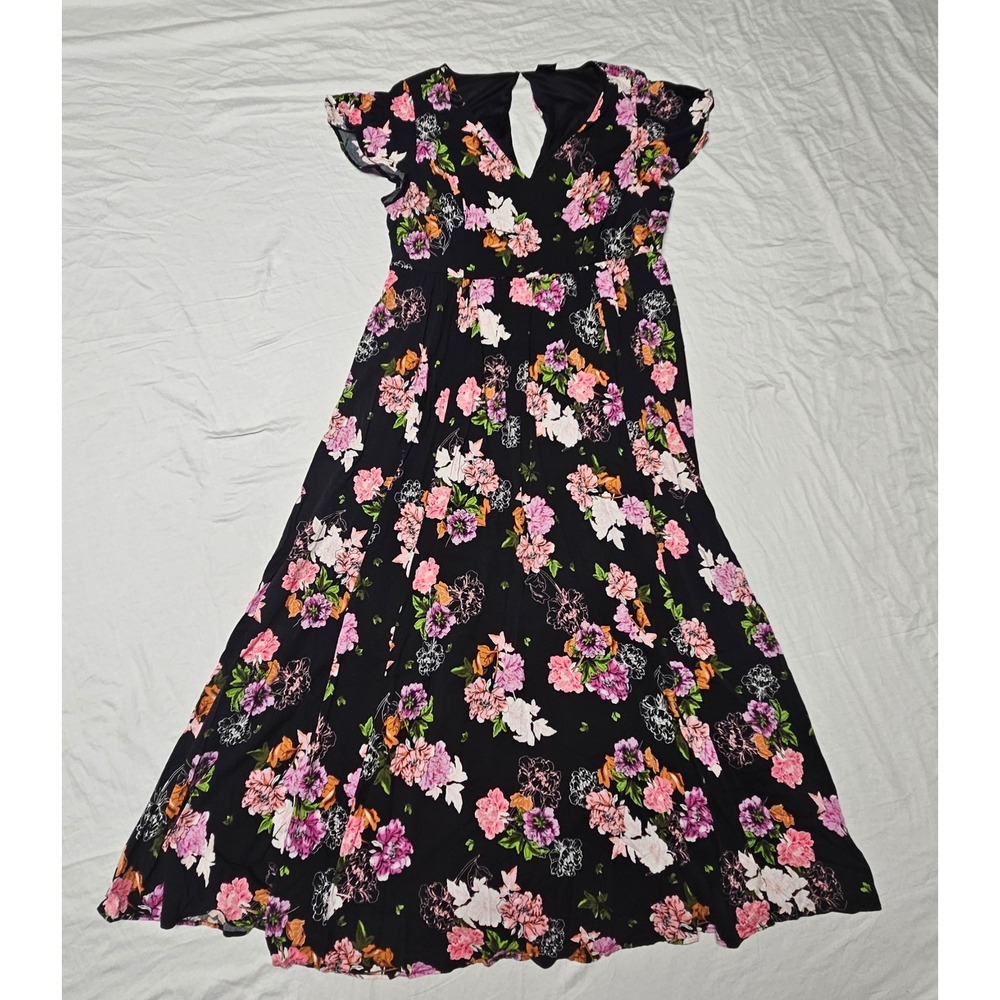 Torrid Floral Maxi Dress Womens 2 Black Pink V-Neck Short Sleeve Empire Waist - Picture 4 of 14